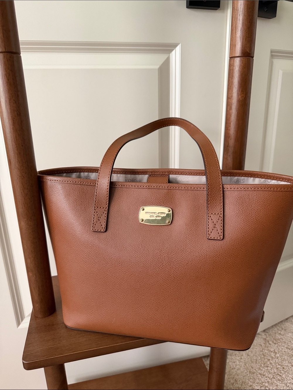 Michael Kors Cognac Pebbled Leather Small Tote with Gold Plaque